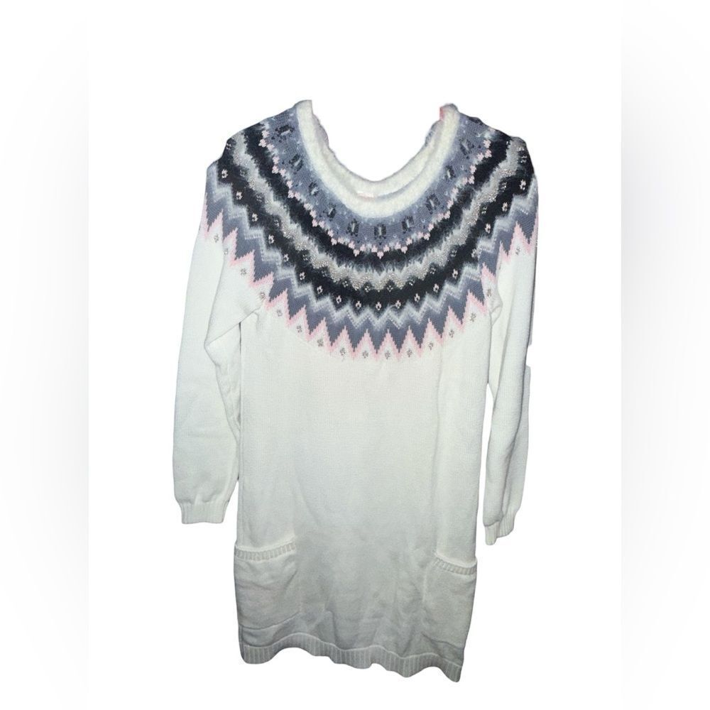 Gymboree White Sweater dress glittery Nordic Gray and Pink Pattern XL 14 pockets